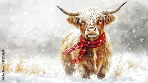 Festive Highland Cow: Watercolor Painting of Cow with Red Scarf in Snowy Field, Christmas Decorations, Gentle Holiday Scene