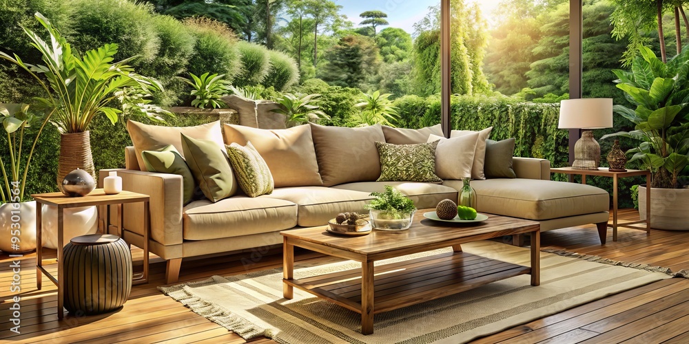 Fototapeta premium Sunny afternoon ambiance invigorates amidst lush greenery, opulent beige sofa embellished with plush cushions, sleek glass table, and rustic wooden deck, exuding serenity.
