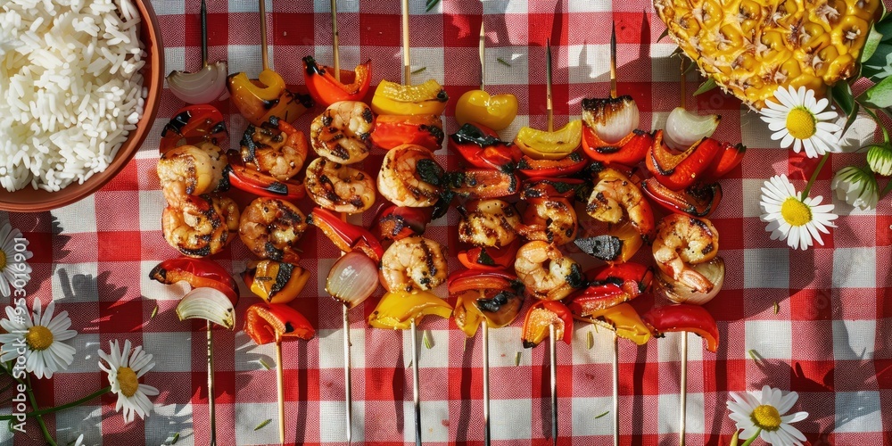 Naklejka premium Skewers of grilled shrimp bell peppers onion and pineapple on a red gingham picnic table with daisies and a serving of rice
