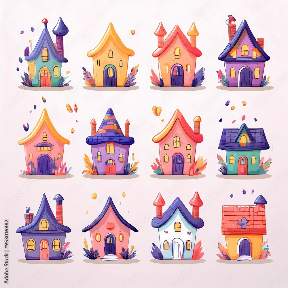 A set of colorful cartoon houses with a variety of colors and designs A set of colorful cartoon houses with a variety of colors and designs