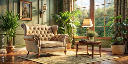 The vintage armchair, adorned with button tufting, sits beside a modern side table on a plush area rug, bathed in warm golden light with beige and wood tones.