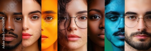 A collection of diverse faces separated by a line, showcasing contrasts in color and expressions of division and bias in society. Generative AI