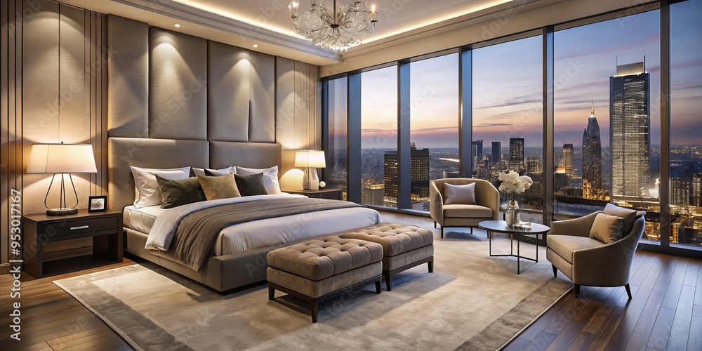This retreat boasts plush carpets, modern bedframes, and floor-to-ceiling windows framing the city. Warm lighting and slim lines mingle to evoke opulence. This retreat boasts plush carpets, modern bedframes, and floor-to-ceiling windows framing the city. Warm lighting and slim lines mingle to evoke opulence.