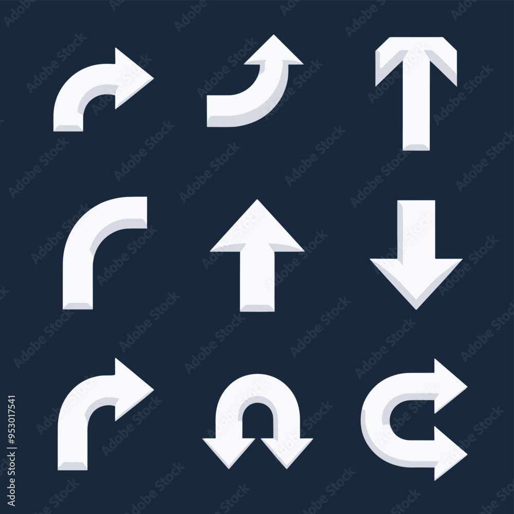 Set of white directional arrows with various shapes on a dark background. Set of white directional arrows with various shapes on a dark background.