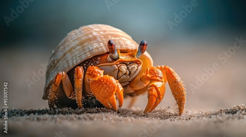 A close-up of a hermit crab on the sand, showcasing its shell and claws. photo