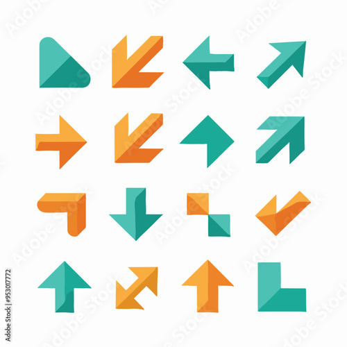 A collection of orange and teal geometric arrows pointing in various directions on a light background.