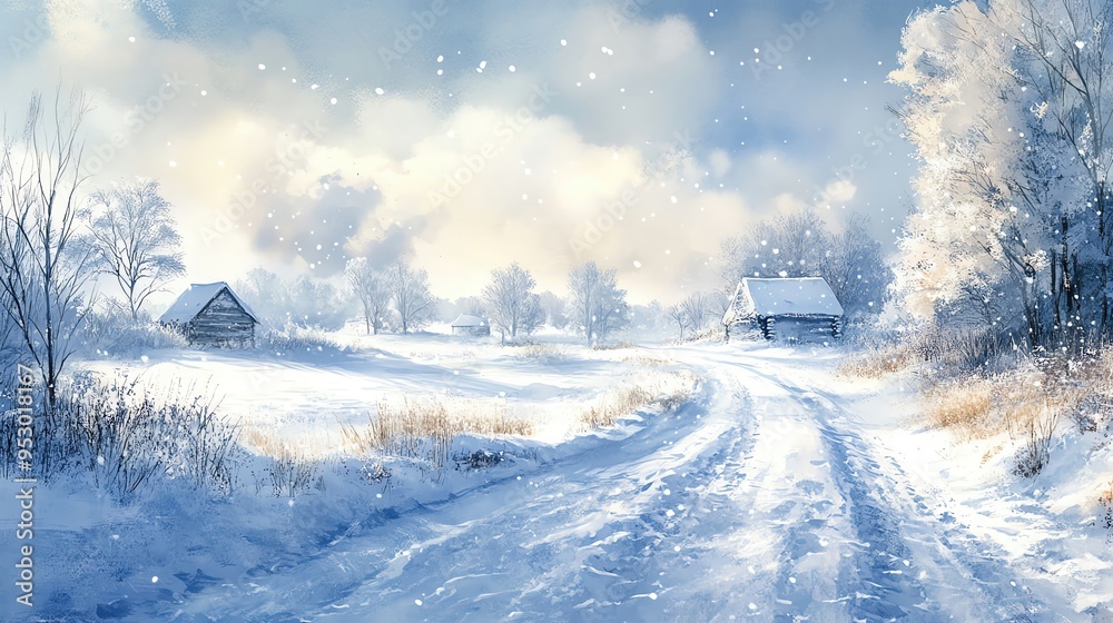 Fototapeta premium Snowy countryside, ample text space, delicate watercolor snow