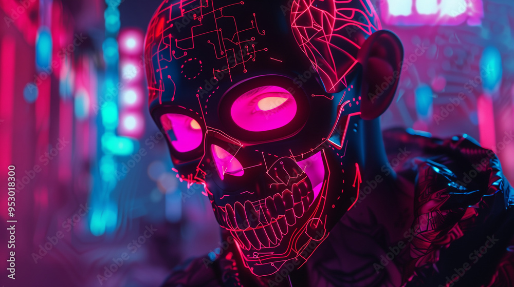 Hooded figure with a glowing geometric skull mask in a neon-lit urban street at night Hooded figure with a glowing geometric skull mask in a neon-lit urban street at night