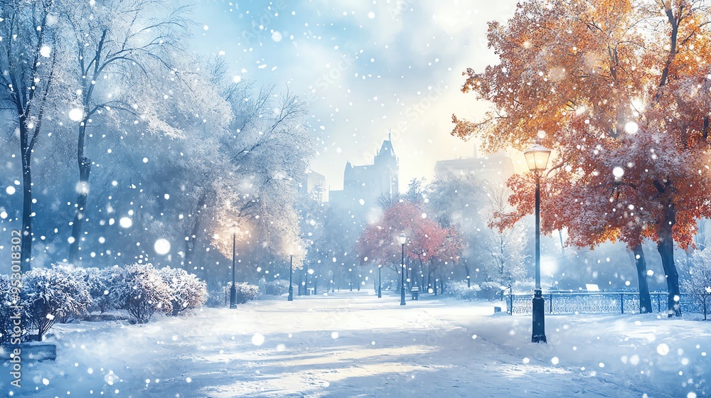 Snowy park scene, large blank text area, watercolor snowflakes falling Snowy park scene, large blank text area, watercolor snowflakes falling