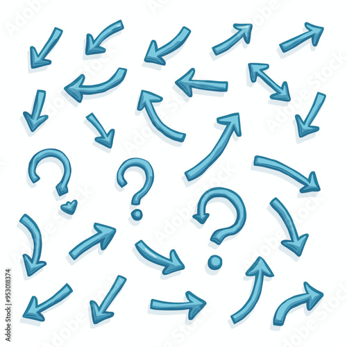 A scattered arrangement of blue arrows and question marks on a white background.