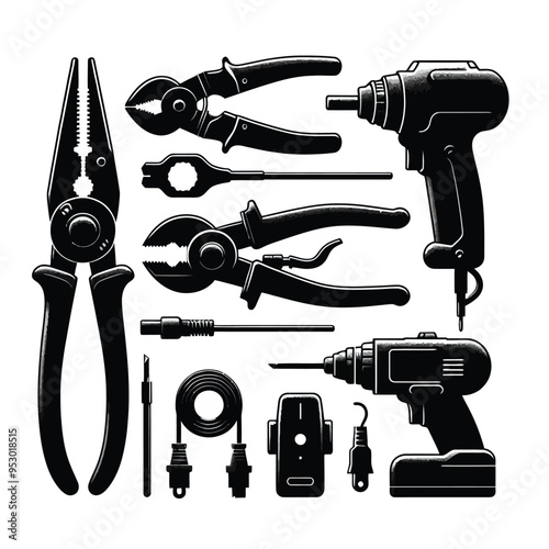 Electrical work, including wire cutters, a voltage tester, and a power drill Shilouette
