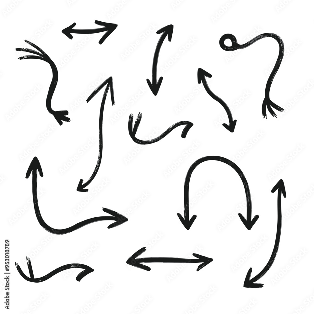 Hand-drawn black arrows of various styles and directions on a white background. Hand-drawn black arrows of various styles and directions on a white background.