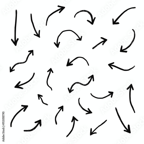 Chaotic arrangement of black arrows on a white background, leading the viewer's eye in multiple directions.
