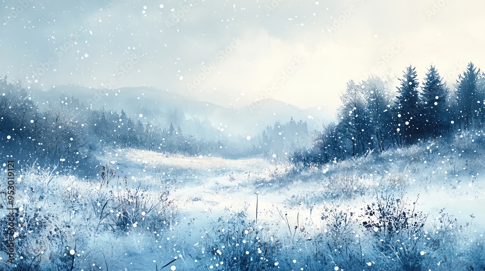 Fototapeta premium Frosty hillside, large area for text, watercolor snowflakes gently falling