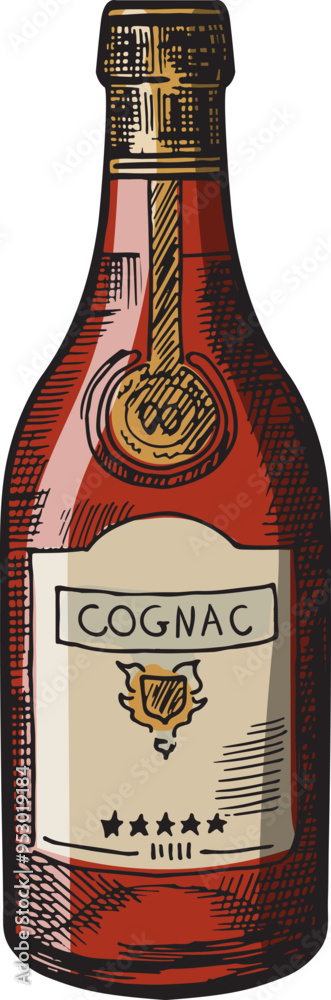 Fototapeta premium Cognac bottle. Old drink with beverage tag engraving
