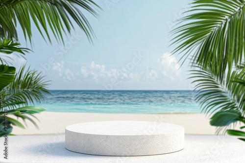 White stone podium with copy space for product display on tropical summer sand beach background, ai