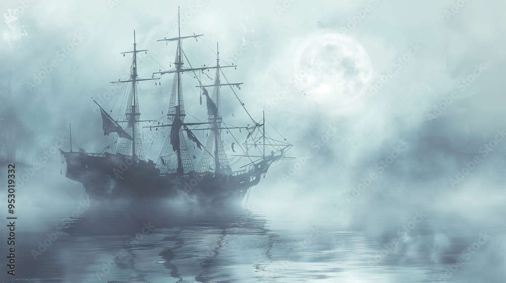 Ghostly ship sailing through fog under a full moon in the middle of the night Ghostly ship sailing through fog under a full moon in the middle of the night