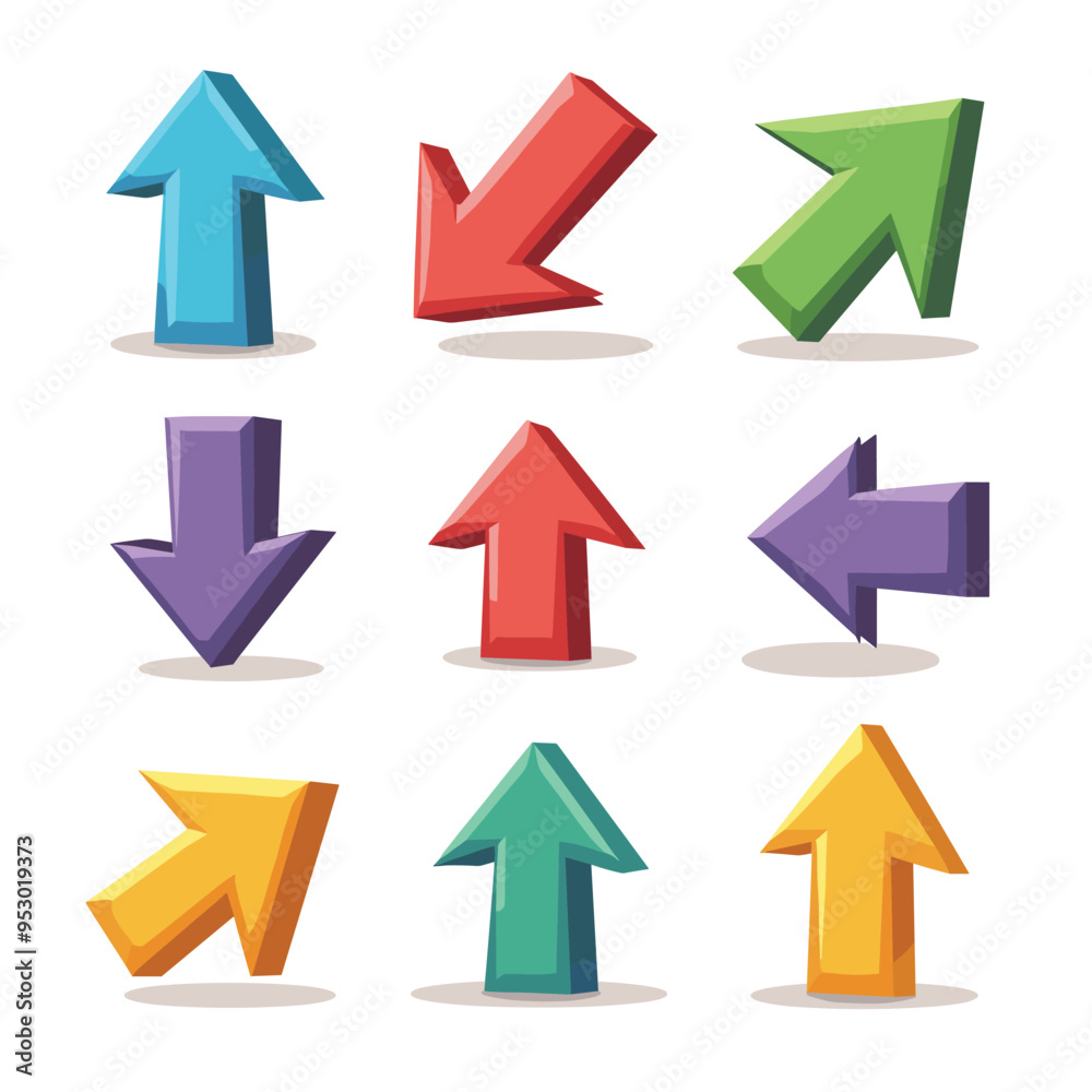 Colorful 3D arrows pointing in various directions on a white background. Colorful 3D arrows pointing in various directions on a white background.