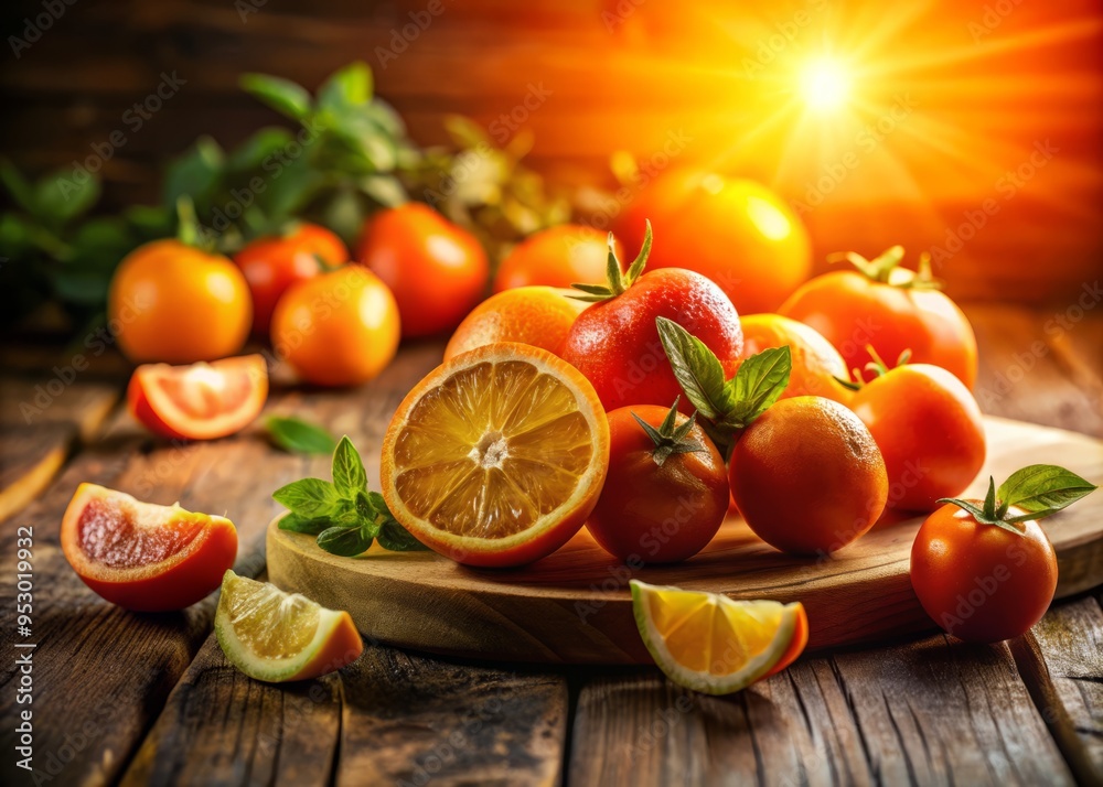 Vibrant still life of sliced oranges and juicy tomatoes on rustic wooden table, warm golden lighting, shallow depth of field, playful shadows, earthy tones, whimsical composition, summer nostalgia. Vibrant still life of sliced oranges and juicy tomatoes on rustic wooden table, warm golden lighting, shallow depth of field, playful shadows, earthy tones, whimsical composition, summer nostalgia.