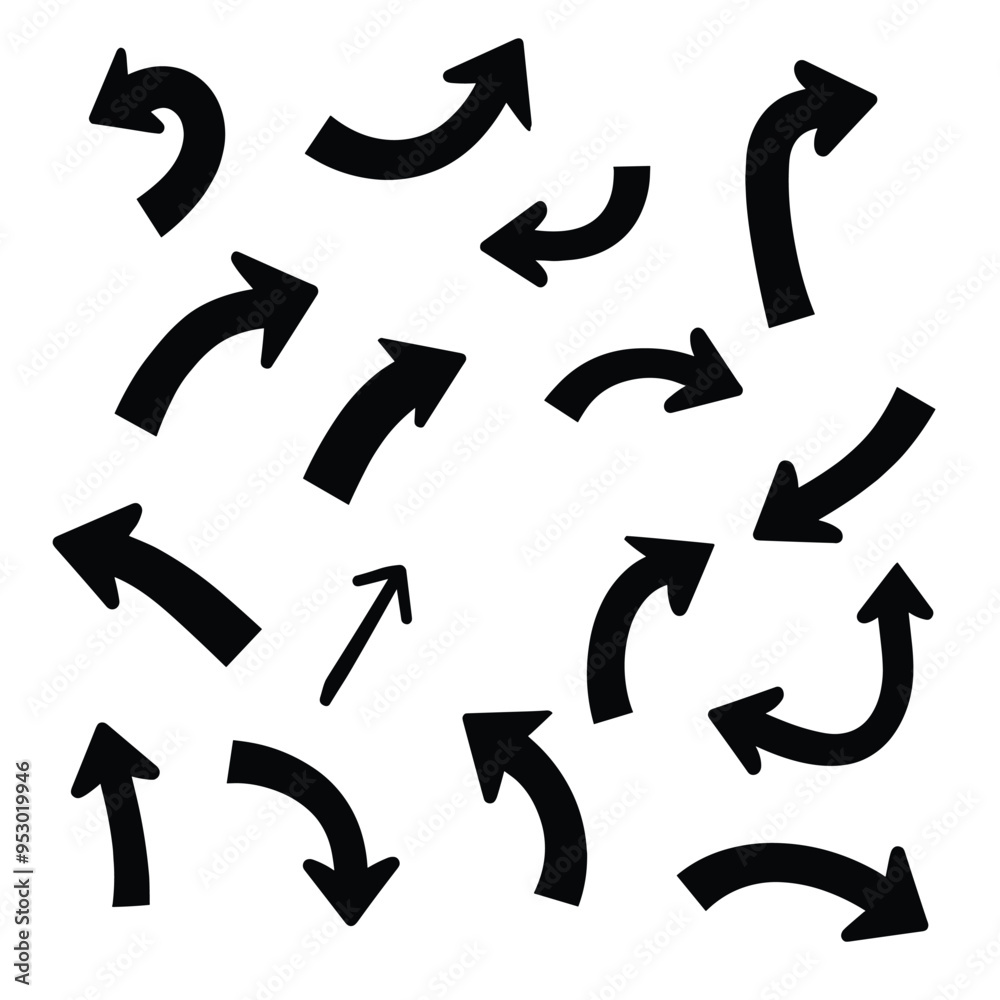 A collection of various black arrows pointing in different directions on a white background. A collection of various black arrows pointing in different directions on a white background.