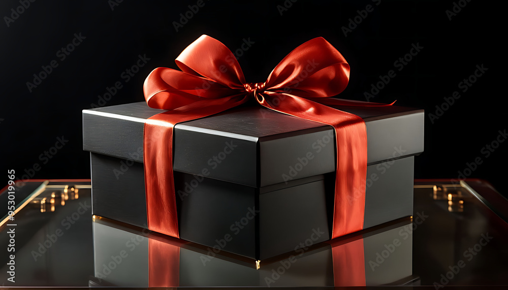 Fototapeta premium A luxurious gift box, on a solid black background, wrapped in sleek, matte black paper with a textured bow and feathers, creating a romantic luxury atmosphere. For anniversary, birthday presents