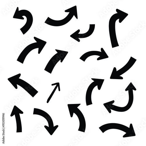 A collection of various black arrows pointing in different directions on a white background.