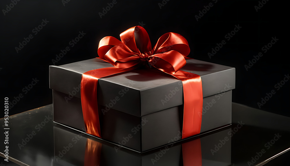 Obraz premium A luxurious gift box, on a solid black background, wrapped in sleek, matte black paper with a textured bow and feathers, creating a romantic luxury atmosphere. For anniversary, birthday presents