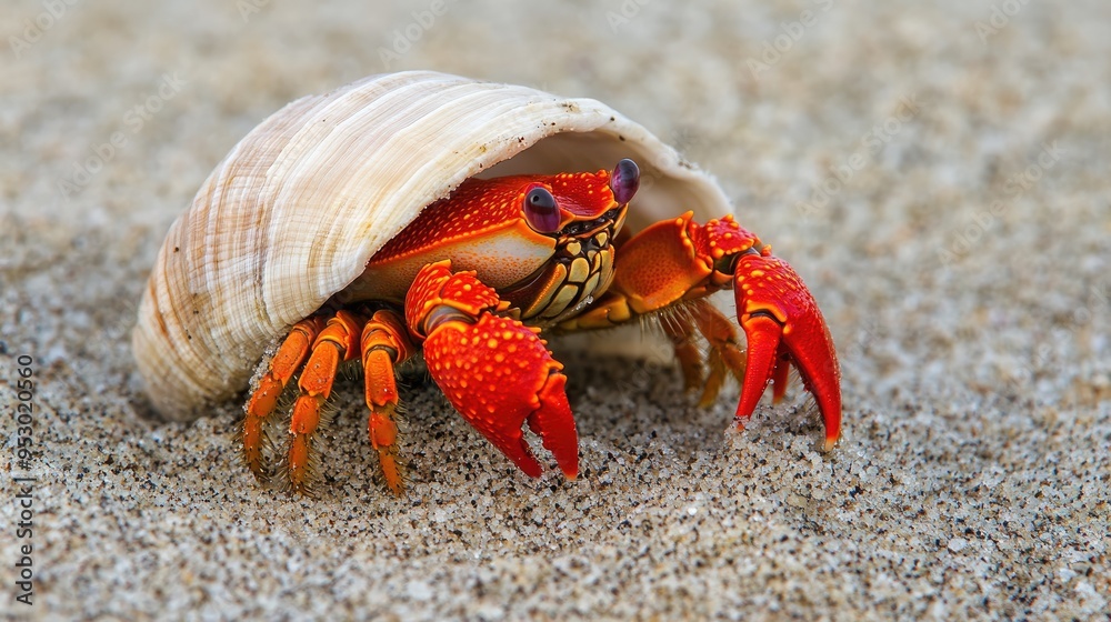 A vibrant hermit crab nestled in a seashell on sandy beach. A vibrant hermit crab nestled in a seashell on sandy beach.
