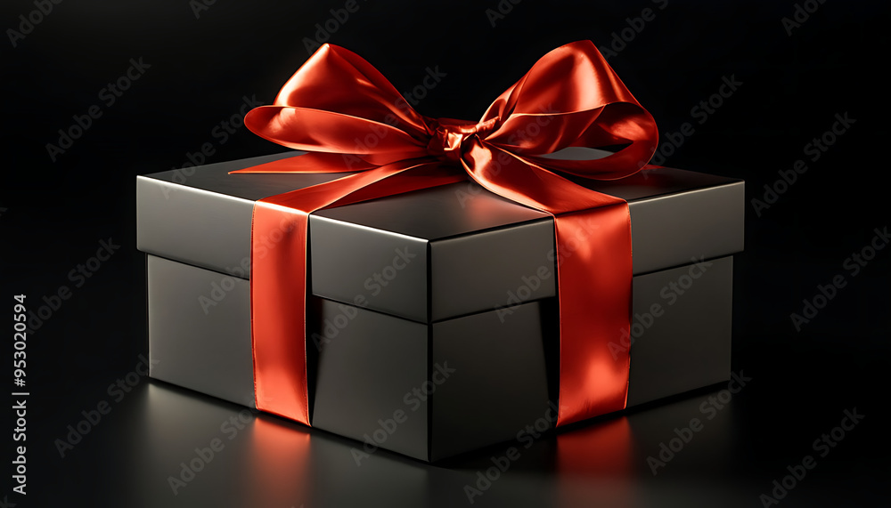 Obraz premium A luxurious gift box, on a solid black background, wrapped in sleek, matte black paper with a textured bow and feathers, creating a romantic luxury atmosphere. For anniversary, birthday presents