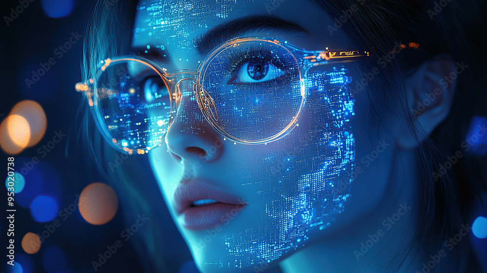 A beautiful woman wearing glasses with glowing digital circuit patterns on her face
