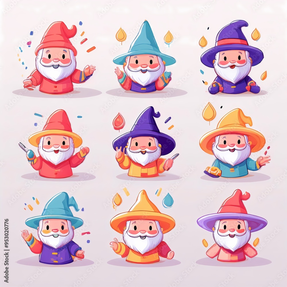 A set of nine cartoon gnomes with different colored hats A set of nine cartoon gnomes with different colored hats
