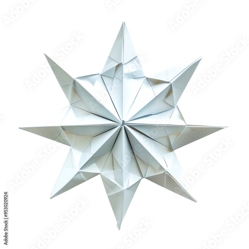 Origami paper star with intricate folds and sharp edges, showcasing the art of paper folding and geometric design on a white background.