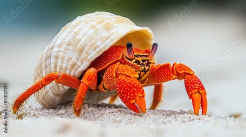 A vibrant hermit crab emerging from its shell on a sandy beach.