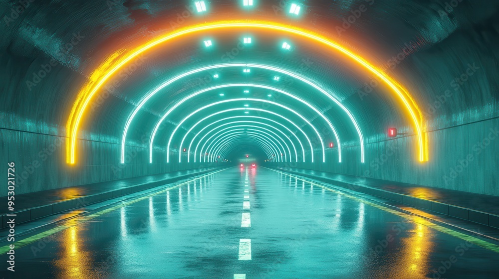 Abstract 3D render of a yellow green neon tunnel with glowing lines and rays of light speeding through a night highway. Abstract 3D render of a yellow green neon tunnel with glowing lines and rays of light speeding through a night highway.