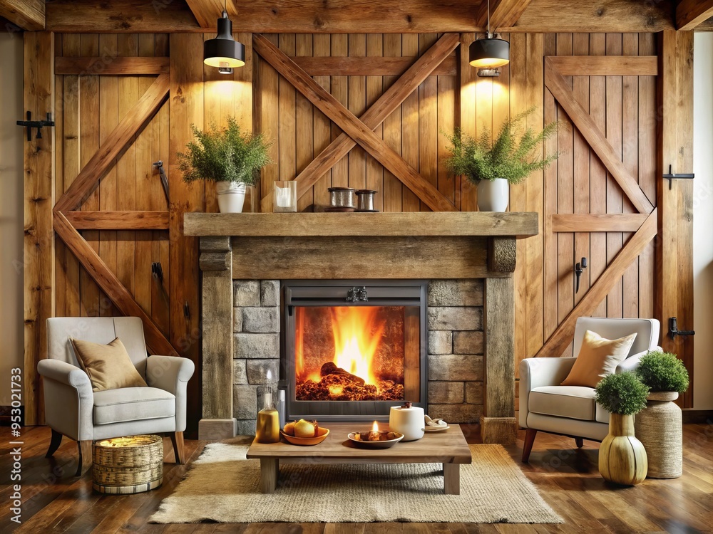 We furniture farmhouse barn door wood fireplace rustic modern design wooden mantel warm cozy comfort cozy wood burning We furniture farmhouse barn door wood fireplace rustic modern design wooden mantel warm cozy comfort cozy wood burning