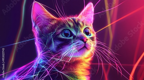 digital cute cat, illustrated in a holographic abstract interface style, with glowing neon futuristic background