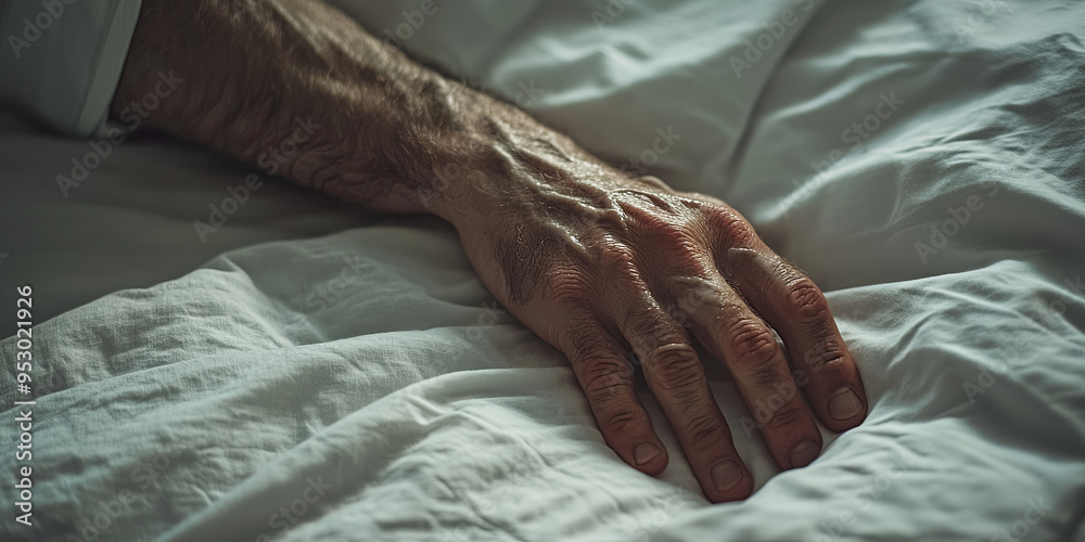 Fototapeta premium A close up of a hand on a bed, generative AI