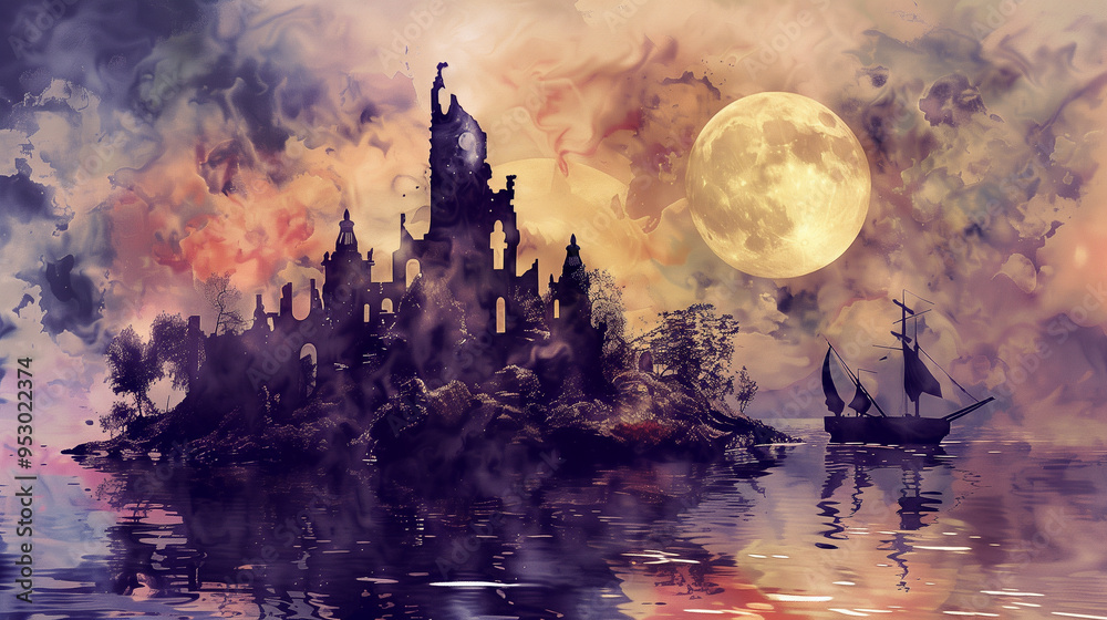 Enchanted island with a castle under a full moon reflected on calm waters Enchanted island with a castle under a full moon reflected on calm waters