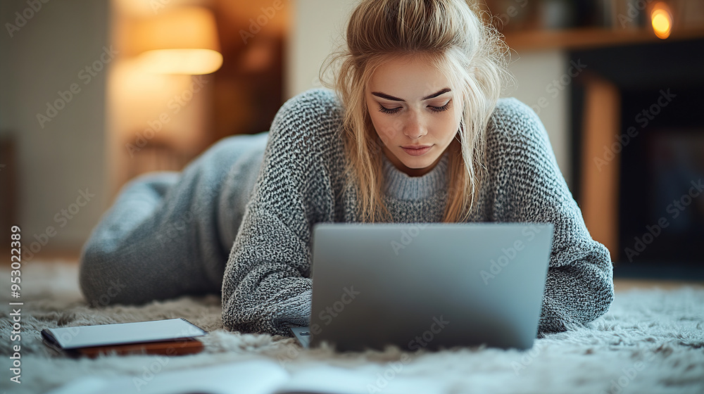 The young woman lying on the carpet in the living room was working on her laptop The young woman lying on the carpet in the living room was working on her laptop