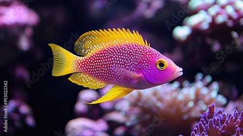 A vibrant fish swimming in a coral reef, showcasing colorful marine life.