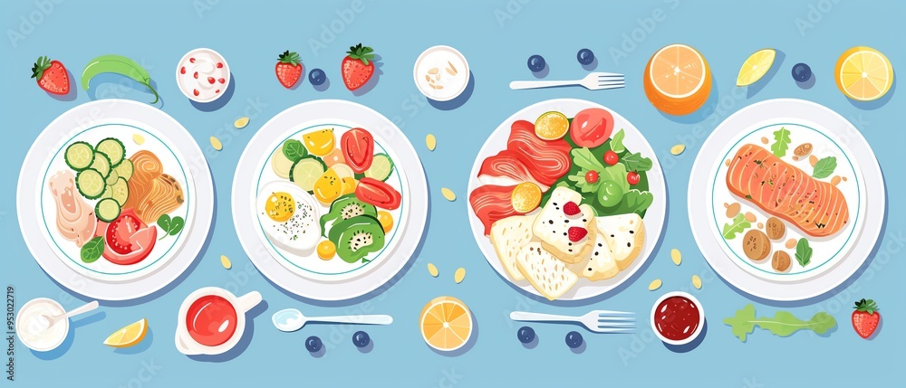 Light and healthy dinners, balanced meals, flat design illustration Light and healthy dinners, balanced meals, flat design illustration