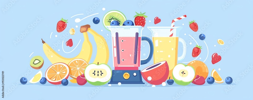 Fototapeta premium Smoothie preparation, fruits and blender, flat design illustration