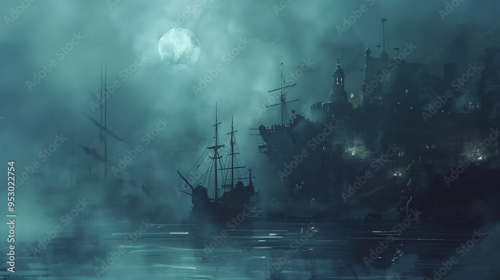 Foggy harbor with ghost ships anchored near an ancient fortress Foggy harbor with ghost ships anchored near an ancient fortress