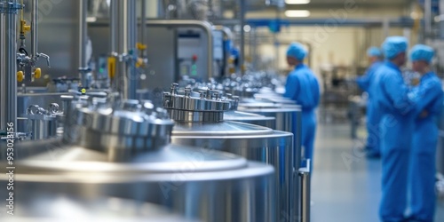 A close shot of stainless steel tanks and equipment on the production line photo