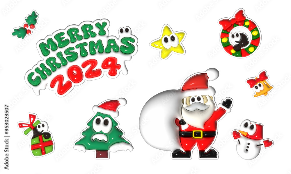Fototapeta premium Adorable Big-Eyed 3D Puffed Merry Christmas 2024 - Pop and Cute Holiday Illustration with Festive Cheer