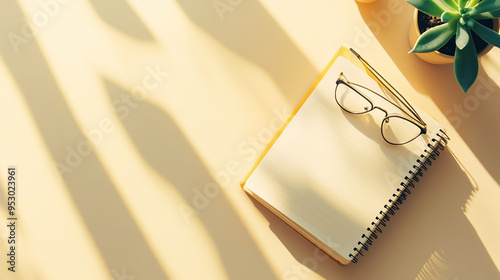 A notebook with glasses on it, placed against a light beige background