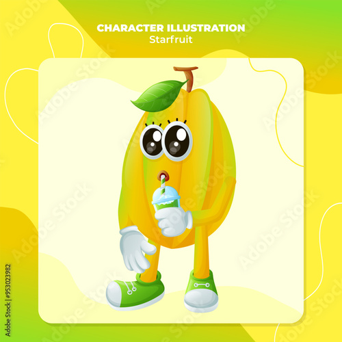 Cute starfruit character drinking a green smoothie with a straw