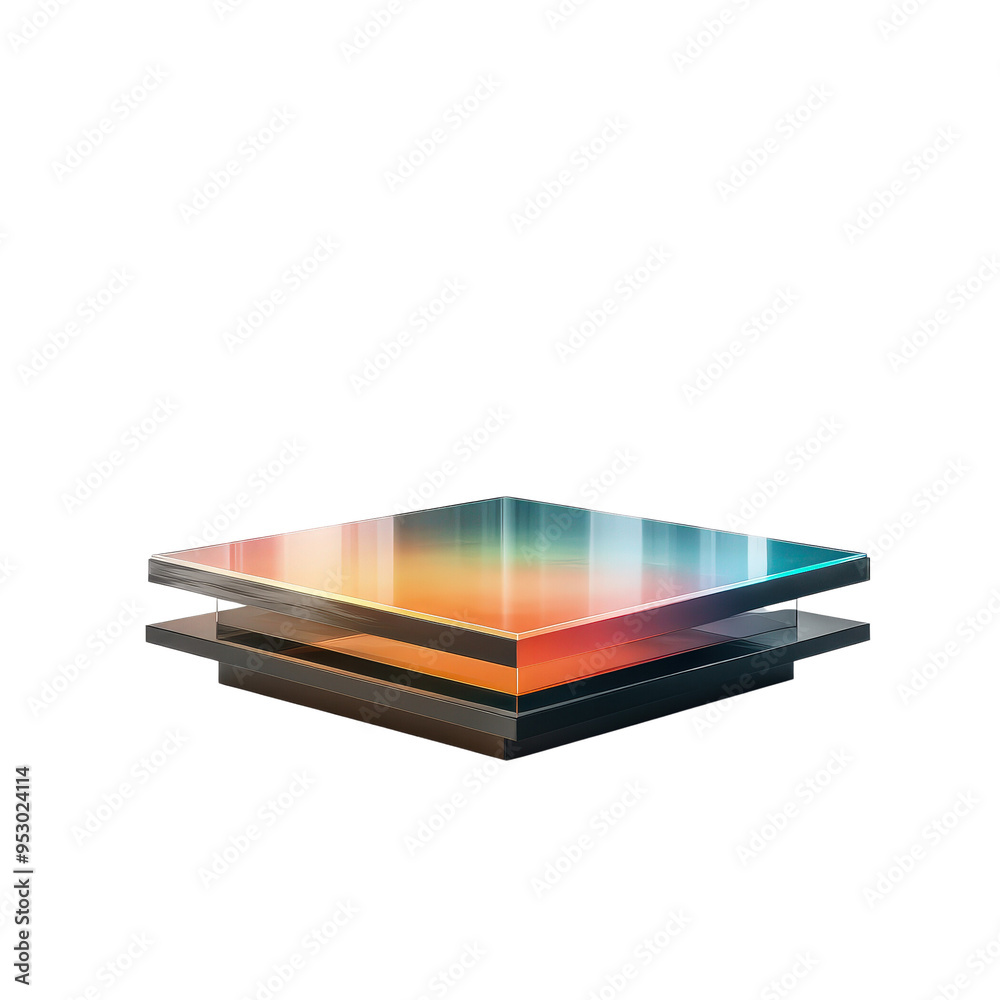 A Stacked Glass Platform with a Gradient of Hues, Reflecting the Colors of a Sunset. A Stacked Glass Platform with a Gradient of Hues, Reflecting the Colors of a Sunset.