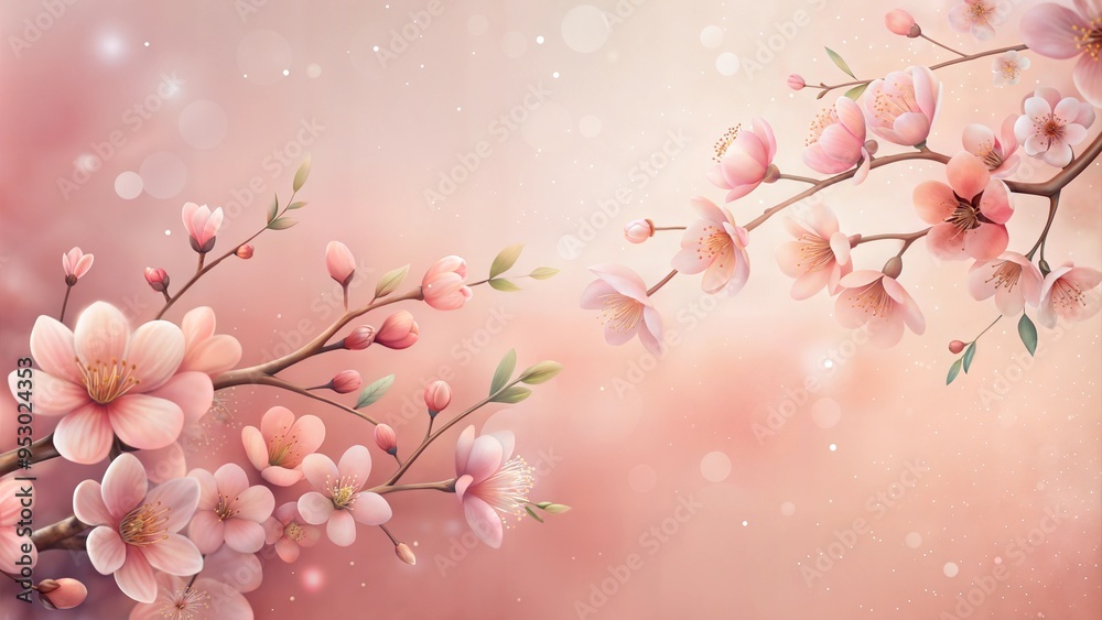 Fototapeta premium Delicate cherry blossom branches on a soft pastel background with bokeh effects and copy space