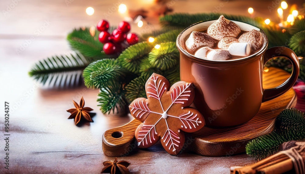 Warm and festive Christmas scene with a mug of hot chocolate topped with marshmallows, accompanied by a decorated gingerbread cookie, pine branches, star anise, and holiday lights in the background. Warm and festive Christmas scene with a mug of hot chocolate topped with marshmallows, accompanied by a decorated gingerbread cookie, pine branches, star anise, and holiday lights in the background.